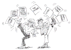 [ Billede:  Sjov tegning af to personer som sparker til papirer med moral-ord]