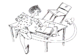 [ Billede:  Sjov tegning af en kvindelig lærer som løber rundt om et bord ]