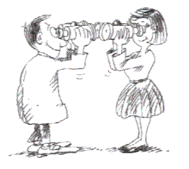 [ Billede:  Sjov tegning af en mand og kvinde som ser på hinanden gennem to kikkerter]