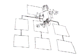 [ Billede:  Sjov tegning af en mand som går på et rutediagram]