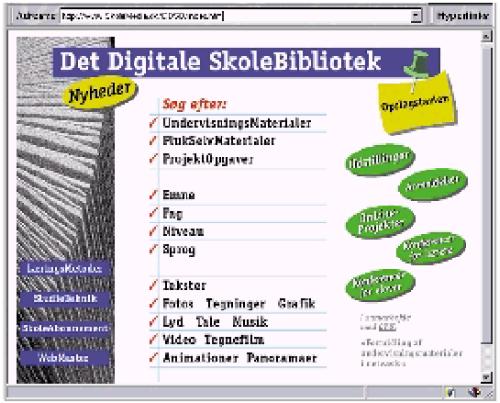 [Billede: et skrmbillede fra prototypen af edb-programmet "Det Digitale Skolebibliotek", med mulighed for bl.a. at se p emner, fag, niveau og meget mere]