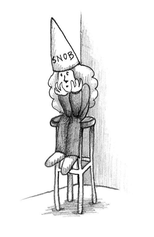 [Billede: En pige der er sat i skammekrogen - har en hat på,  hvorpå der står 'snob']