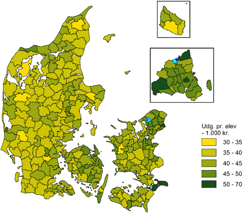 [Billlede: Danmarkskort farvet efter udgift pr. elev i kommunerne]