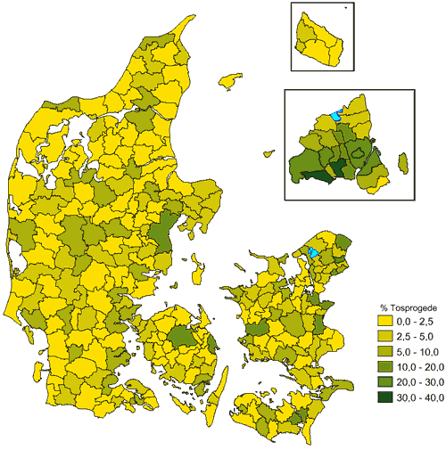 [Billede: Danmarkskort hvor kommunerne er farvet efter antallet af Tosprog- ede elever]