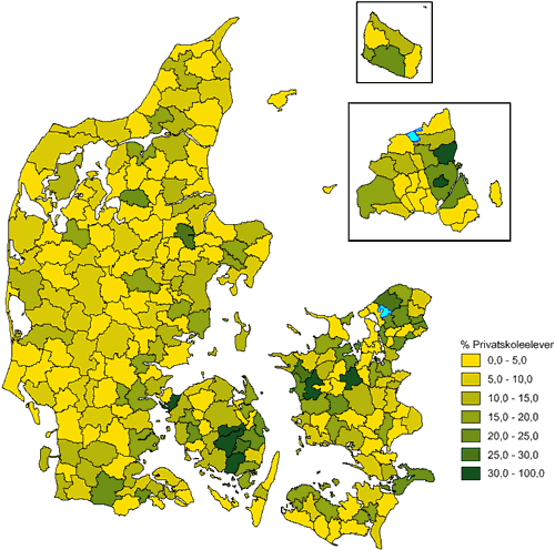 [Billede: Danmarkskort hvor kommunerne er farvet efter hvor stor en del af eleverne, der går i private skoler]