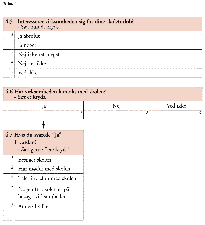 [Billede: Spørgsmål: "Interesserer virksomheden sig for dine skoleforløb?", "Har virksomhden kontakt med skolen?", "Hvis du svarede "ja", hvordan?"]