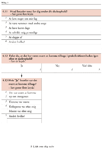 [Billede: Spørgsmål: "Hvad betyder mest for dig under dit skoleophold?", "Føler du, at det er svært at komme tilbage til virksomheden efter et skoleophold?", "Hvis "ja", hvorfor var det svært at komme tilbage?"]