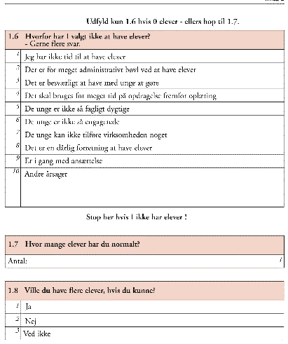 [Billede: Spørgsmål: Evt. "Hvorfor har I valgt IKKE at have elever?", "Hvor mange elever har du normalt?", "Ville du have flere elever, hvis du kunne?"]