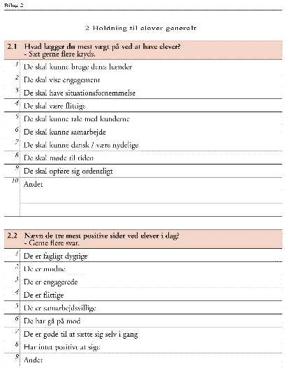 [Billede: Spørgsmål: "Hvad lægger du mest vægt på ved at have elever?", "Nævn de tre mest positive sider ved elever idag?"]