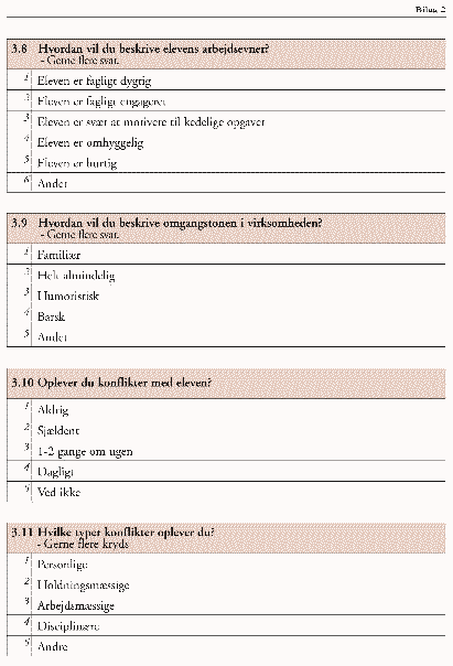 [Billede: Spørgsmål: "Hvordan vil du beskrive elevens arbejdsevner?", "Hvordan vil du beskrive omgangstonen i virksomheden?", "Oplever du konflikter med eleven?", "Hvilke typer konflikter oplever du?"]