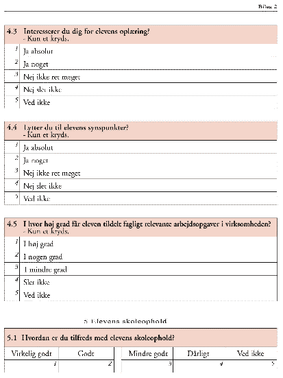 [Billede: Spørgsmål: "Interesserer du dig for elevens oplæring?", "Lytter du til elevens synspunkter?", "I hvor høj grad får eleven tildelt fagrelevante opgaver i virksomheden?", "Hvordan er du tilfreds med elevens skoleophold?"]