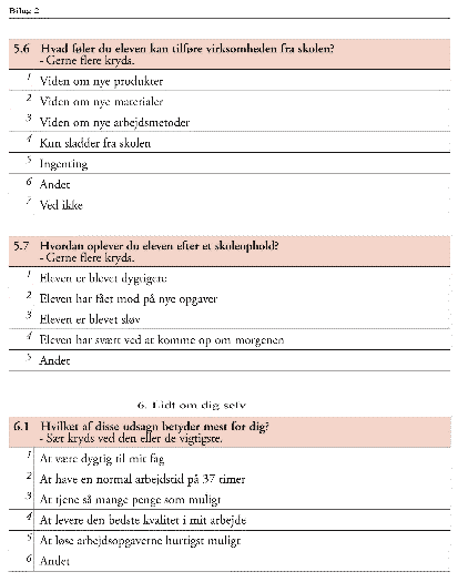 [Billede: Spørgsmål: "Hvad føler du eleven kan tilføre virksomheden fra skolen?", "Hvordan oplever du eleven efter et skoleophold?", "Hvilket af disse udsagn betyder mest for dig?" - Slut på bilag 2]