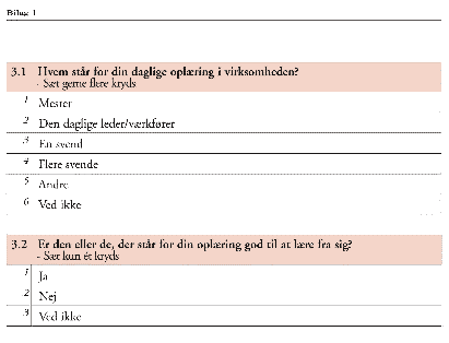 [Billede: Spørgsmål: "Hvem står for den daglige oplæring i virksomheden?", "Er den eller de, som står for din oplæring god til at lære fra sig?"]