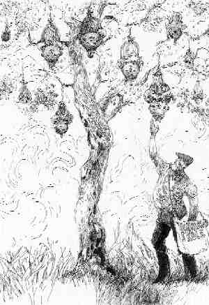 [ Billede: Sort-hvid tegning af en lærer der plukker elever fra et træ ]