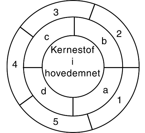 [Billede: Satellitmodellen - opbygget som tre cirkler, der ligger uden om hinanden. den yderste er inddelt i 5 stykker med tallene fra 1-5, den midterste er inddelt i fire stykker med bogstaverne a-d og i midten står "Kernestof i hovedemnet"]