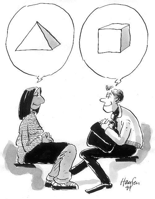 [Billede: To personer der sidde og "snakker". Over den ene er der en taleboble med en trekant, og over den anden er der n med en firkant.]