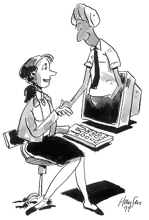 [Billede: En kvinde sidder ved en computer og giver hnd til en person der kommer ud af skrmen.]