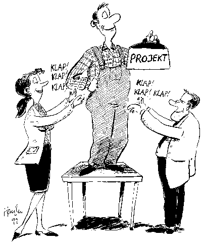 [ Billede: Tegning af to personer som klapper af en tredie, som står på et bord og fremviser sit projekt]