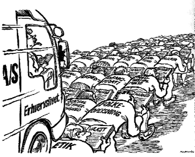 [ Billede: Tegning af erhvervslivets varevogn som suser henover folket]