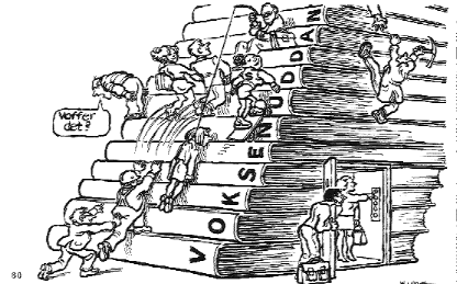 [ Billede: Tegning af mennesker der kravler op af kæmpe bøger ]