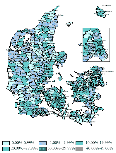 [Billede: Landkort. - andel af privatskoler ud af det samlede antal.]