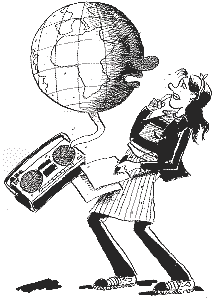 [Billede: Elevgruppen tilegner sig traditionelt ikke viden, den "kan ikke læse verden". En globus med ansigt kommer ud af en højttaler. En elev står ved siden af og ser forskrækket ud.]