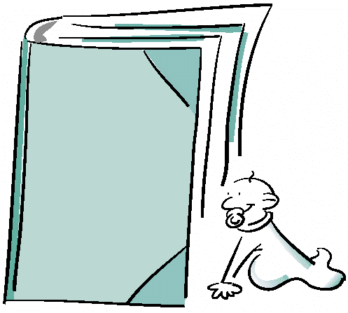 [Billede: En baby, som er ved at kravle ind i en stor bog.]