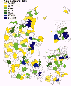 [Billede: Danmarkskort, hvorpå der er indtegnet hvormange elever produktionsskolerne har i forskellige områder.]