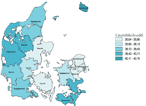 [Billede: kort 1.1. Andel af befolkningen med grundskole som højeste uddannelsesniveau i 1998. Laveste frekvens; Århus, Fyns, Frederiksborg amter samt Hovedstadsområdet. Højeste; Storstrøms, Ringkøbing og Viborg amter.]