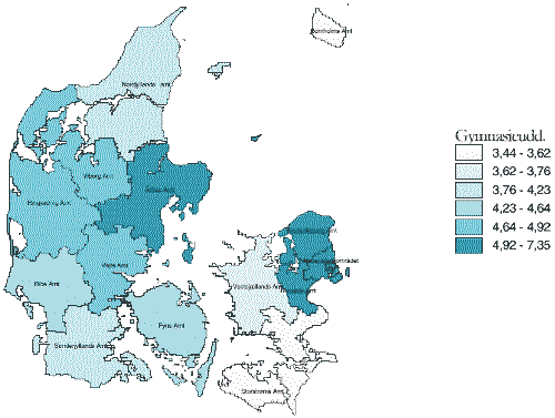 [Billede: Kort 1.2. Andel af befolkningn med gymnasiel uddannelse som højeste niveau i 1998. Laveste frekvens; Storstrøms amt. Højest; Århus og Frederiksborg amter samt Hovedstadsområdet.]