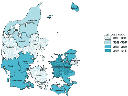 [Billede: Kort 1.3. Andel af befolkningen med erhvervsfaglig uddannelse som højeste niveau i 1998. Laveste frekvens; Ringkøbing, Århus og Fyns amtr samt Hovedstadsområdet. Højest; Vestsjælland og Roskilde amter.]