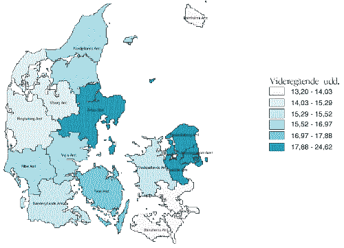 [Billede: Kort 1.4. Andel af befolkningen med videregående uddannelse som højeste niveau i 1998. Laveste frekvens; Storstrøms amt. Højest; Århus, Roskilde og Frederiksborg amter samt Hovedstadsområdet.]
