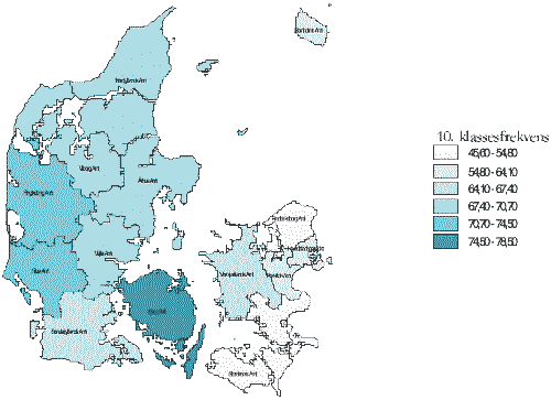[Billede: Kort 2.2. Andel af ungdomsårgang der tog 10. klasse i skoleåret 97/98. Laveste frekvens; Storstrøms og Frederiksborg amter. Højest; Fyns amt.]