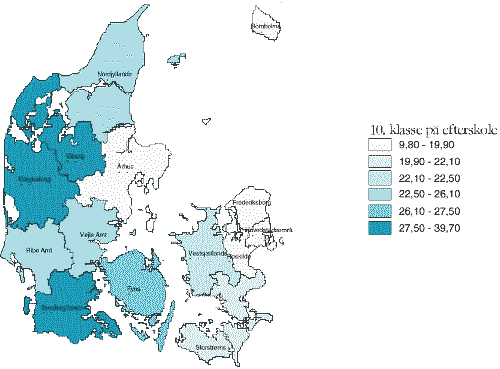 [Billede: Kort 2.3. Andelen af en ungdomsårgang der tog 10. klasse på efterskole i skoleåret 97/98. Laveste frekvens; Århus, Frederiksborg og Roskilde amter, samt Hovedstadsområdet.]