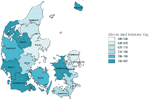 [Billede: Kort 4.2. Andel under teknisk erhvervsuddannelse i 1997, målt i forhold til antallet af 15-24 årige. Laveste frekvens; Hovedstadsområdet. Højest; Viborg, Ribe, Sønderjyllands og Vestsjællands amter.]