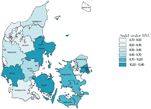 [Billede: Kort 6.1. Andel under mellemlang videregående uddannelse i 1997, målt i forhold til antallet af 20-29 årige. Laveste frekvens; Bornholms og Roskilde amter. Højest; Ribe, Århus og Fyns amter samt Hovedstadsområdet.]