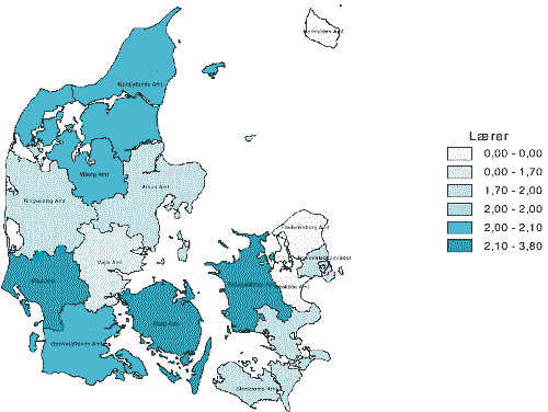 [Billede: Kort 6.3. Andel under uddannelse til lærer i 1997, målt i forhold til antallet af 20-29 årige. Laveste frekvens; Bornholms og Roskilde amter, samt hovedstadsområdet.]