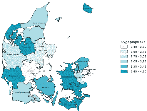 [Billede: Kort 6.4. Andel under uddannelse til sygeplejerske i 1997, målt i forhold til antallet af 20-29 årige. Laveste frekvens; Vejle amt samt Hovedstadsområdet. Højest; Bornholms, Viborg, Ribe, Vestsjællands og Storstrøms amter.]