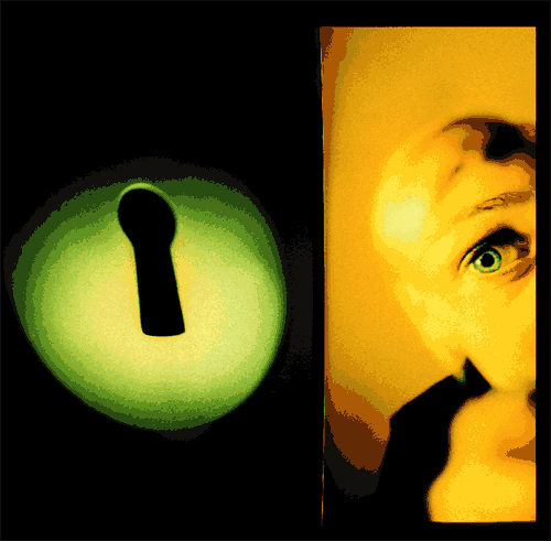 [Billede: Til venstre et nøglehul, og til højre kan man se noget af et ansigt.]