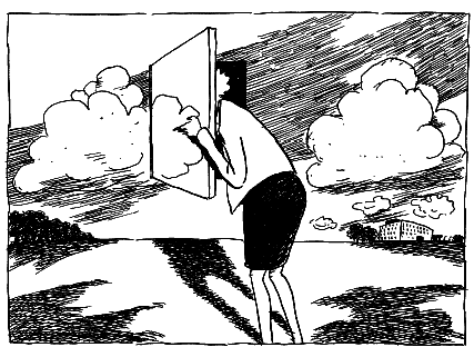 [Billede: Her ses en tegning af en kvinde, der har fundet en åbning til himlen, som hun kigger ind i.]