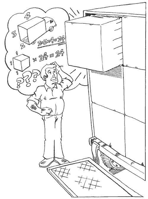 [Billede: Her ses en tegning af en lastbilchauffør, der prøver at regne ud, hvordan han får plads til den sidste kasse.]