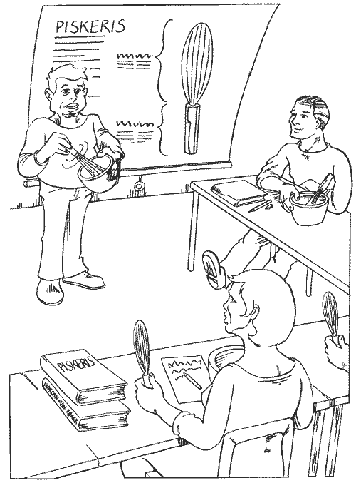[Billede: Her ses en lærer, som underviser nogle kokkeelever i, at bruge et piskeris.]