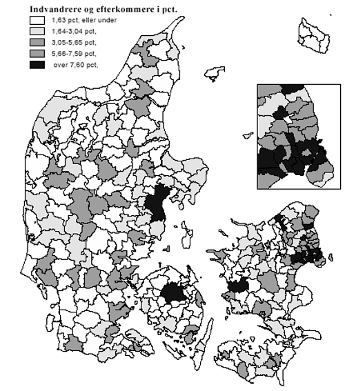 [Billede: Her ses figur 2.3, der viser indvandreres og efterkommeres andel i kommunerne, 2000.]