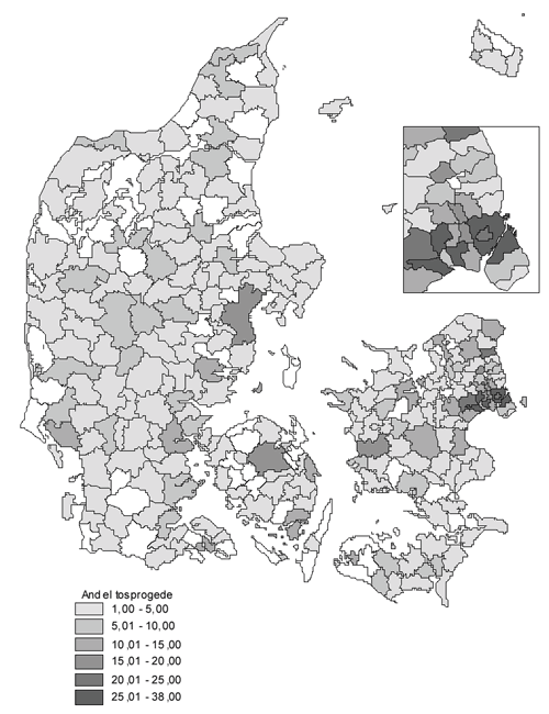 [Billede: Her ses figur 5.4, der viser andelen af tosprogede I folkeskolen fordelt efter kommune, opgjort i 1999/00.]