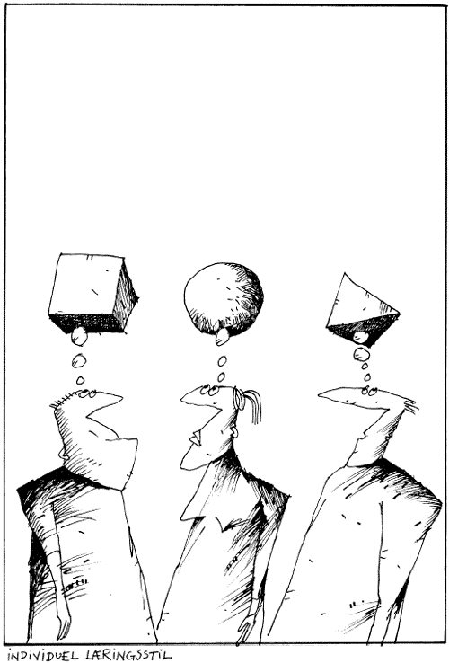 [Billede: Her ses en tegning, der hedder "Individuel læringsstil". Det forestiller 3 mænd, der står og tænker på hver deres geometriske figur. Figurerne er en firkant, en kugle og en pyramide]