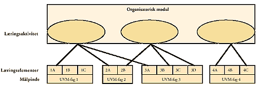 [Billede: Her ses en model, der illustrerer den opfattelse, at de enkelte fag kan inddeles i et vist antal læringselementer, som hver for sig udgør en didaktisk enhed (et didaktisk modul). Disse moduler kan sammensættes til større helheder evt. tværfaglige læringsaktiviteter. Det er en forudsætning for bedømmelse/evaluering, at de enkelte didaktiske enheder/læringselementer indgår med så stor vægt, at de udgør et realistisk bedømmelsesgrundlag.]