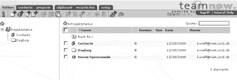 [Billede: Her ses et skærmbillede af projektets side, når der er oprettet en Adressebog (Contacts), en mappe (Dagbog) samt placeret et link (Kemis hjemmeside).