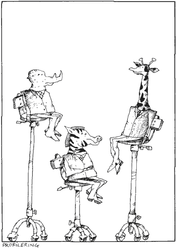 [Billede: - Profilering - Tre dyr, en giraf, et næsehorn og en zebra sidder på tre meget høje kontorstole.]