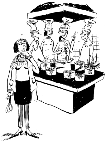 [Billede: Her ses en enlig kvinde foran fire kokke der laver mad.]