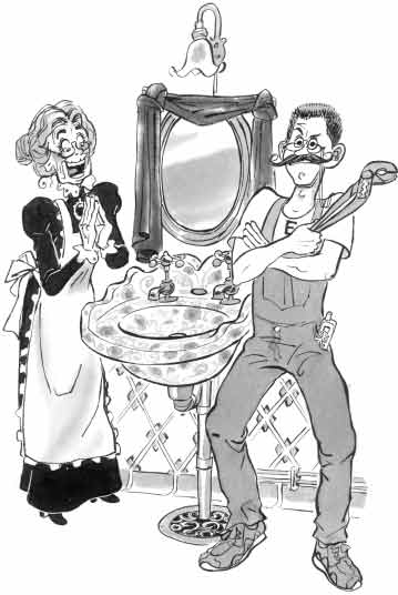 [Billede: Her ses en tegning af en blikkenslager og en glad ldre kvinde, som str ved en hndvask.]